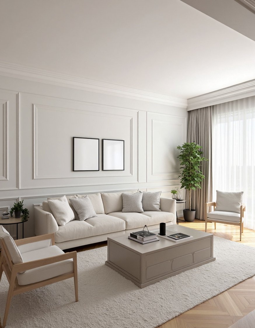 Neoclassical Interior Living Rooms - Symmetrical Neoclassical Living Room: Clean Lines & Minimalism - Classic contemporary neoclassical living room: minimalist elegance. Clean...