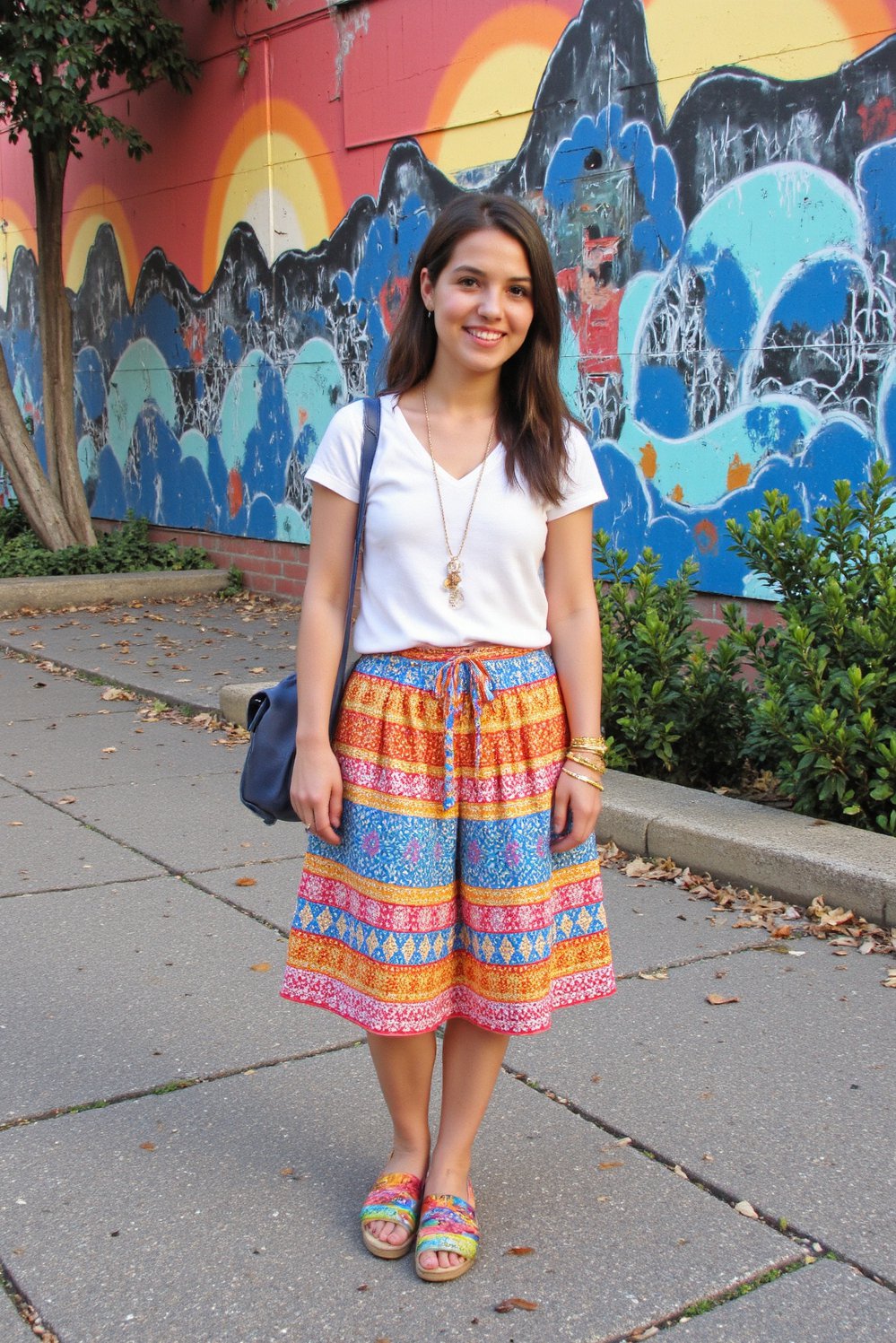 graduation outfit ideas - Colorful Graduation Outfit: Midi Skirt & Sandals - Graduation outfit inspiration! A colorful patterned midi skirt...