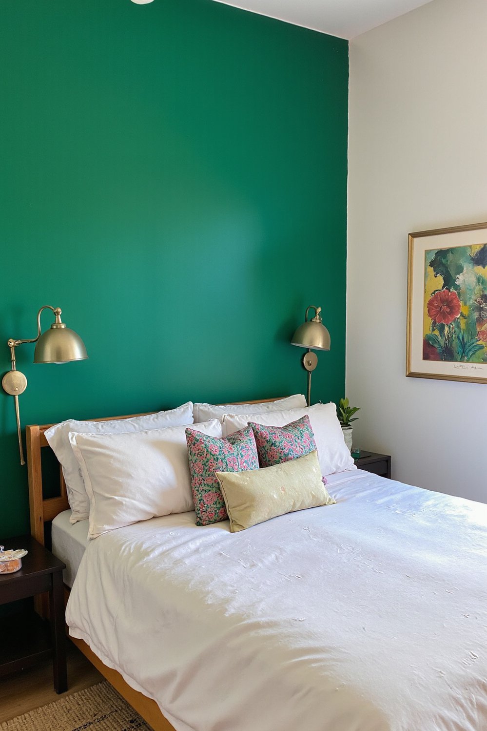 green bedroom ideas - Emerald Green Accent Wall Bedroom Design - Emerald green bedroom! This bold accent wall makes...