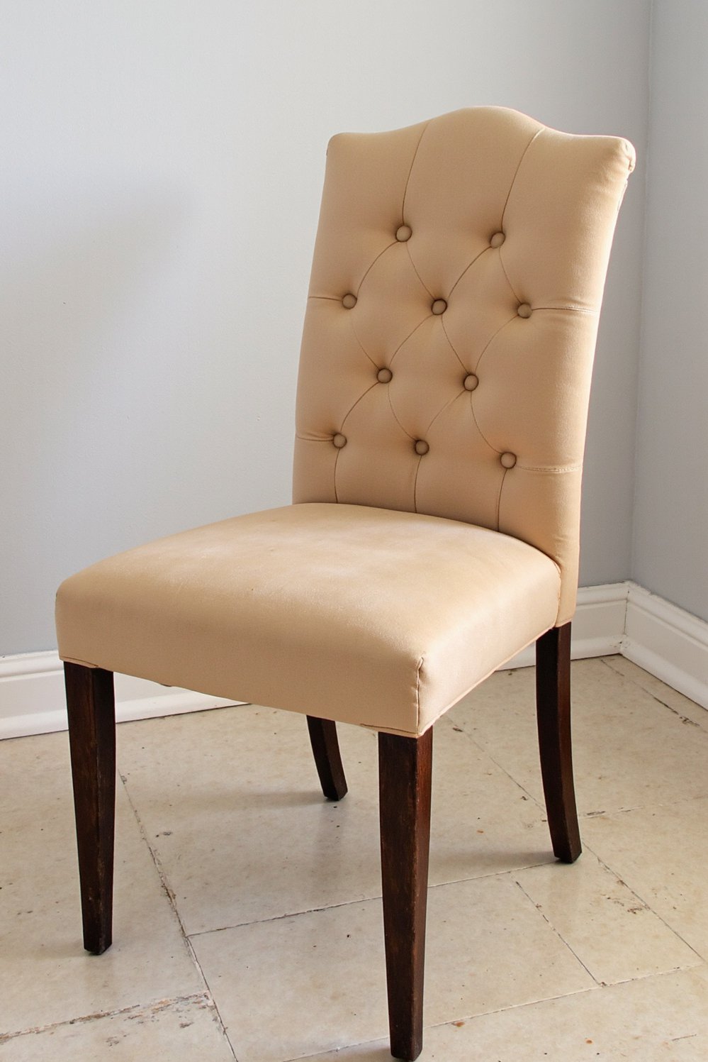 Neutral upholstered dining chairs - Elegant Beige Velvet Dining Chair: Button Tufted Detail - A deep beige velvet dining chair. I love...