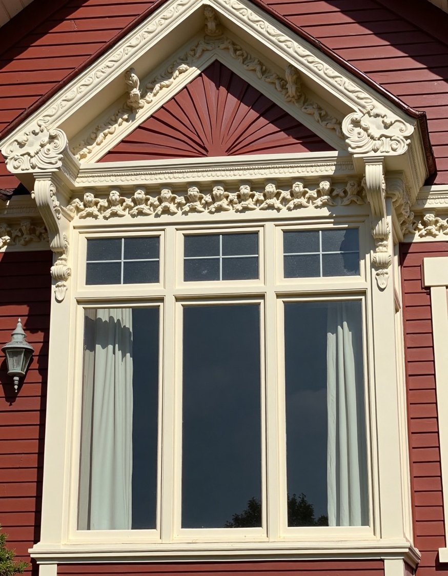 Victorian homes exterior - Mahogany & Cream Victorian Home Exterior Detail - Victorian home exterior: Notice the amazing detail in...