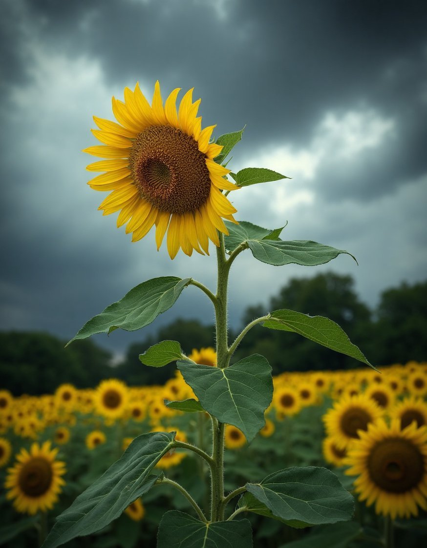 Flower Field Photography Ideas - Resilient Sunflower: Stormy Field Photography - A single sunflower, strong and defiant. This dramatic...