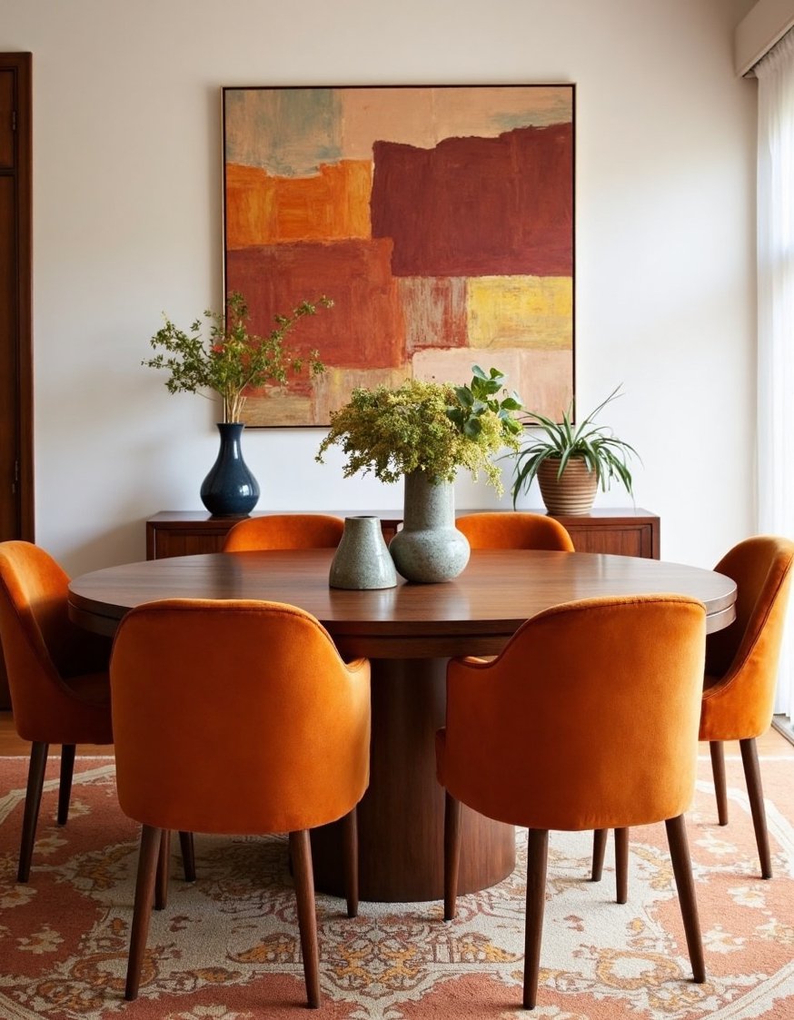 Earth tone dinig room decor - Mid-Century Modern Dining Room: Warm Earth Tones - Mid-century modern dining room: A walnut dining set...