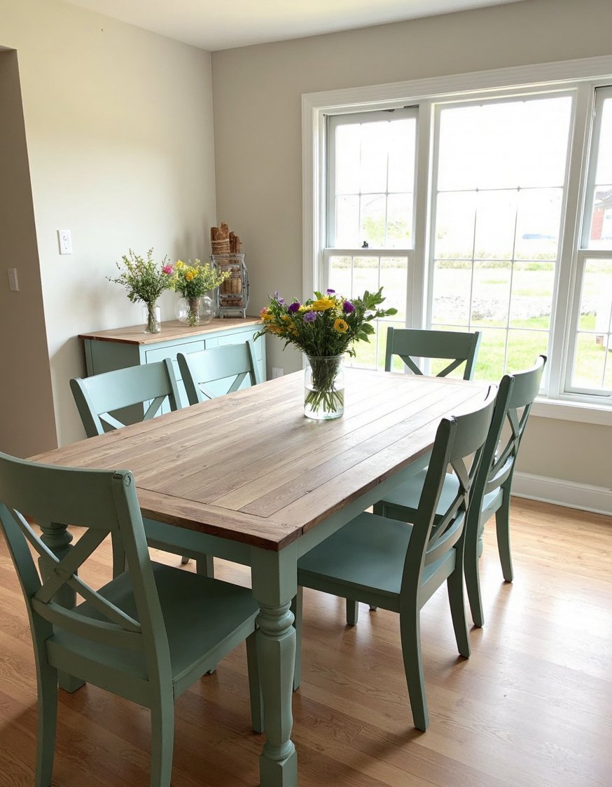 Earth tone dinig room decor - Earthy Farmhouse Dining Room with Grey-Green Accents - Farmhouse dining room with an earthy feel. A...