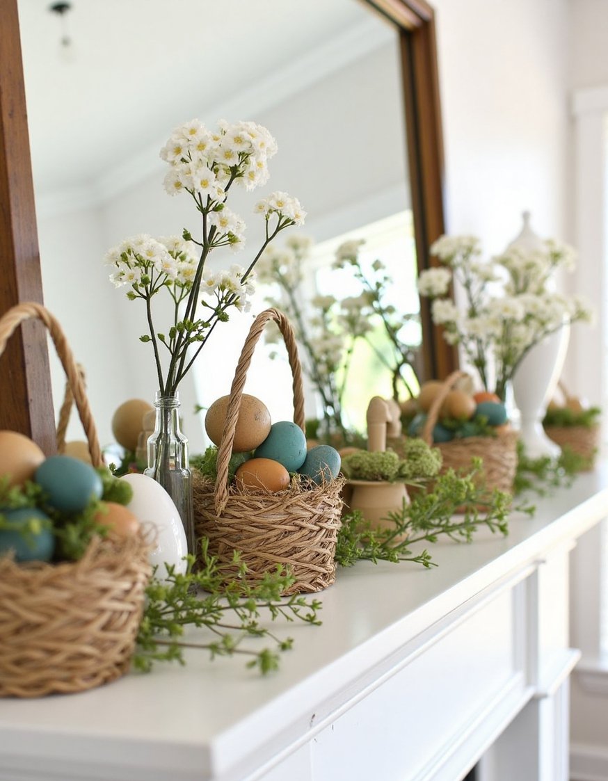 Spring mantel decor ideas - Whimsical Country Easter Mantel Decor - Whimsical spring mantel: country Easter style! Painted wooden...