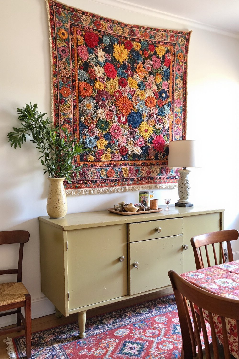dining room wall decor - Eclectic Dining Room Wall with Woven Tapestry - Eclectic dining room wall decor: a large woven...