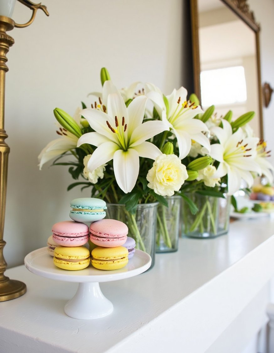 Spring mantel decor ideas - Elegant Easter Mantel: Lilies & Pastel Macarons - Elegant Easter mantel decor: This sophisticated spring mantel...