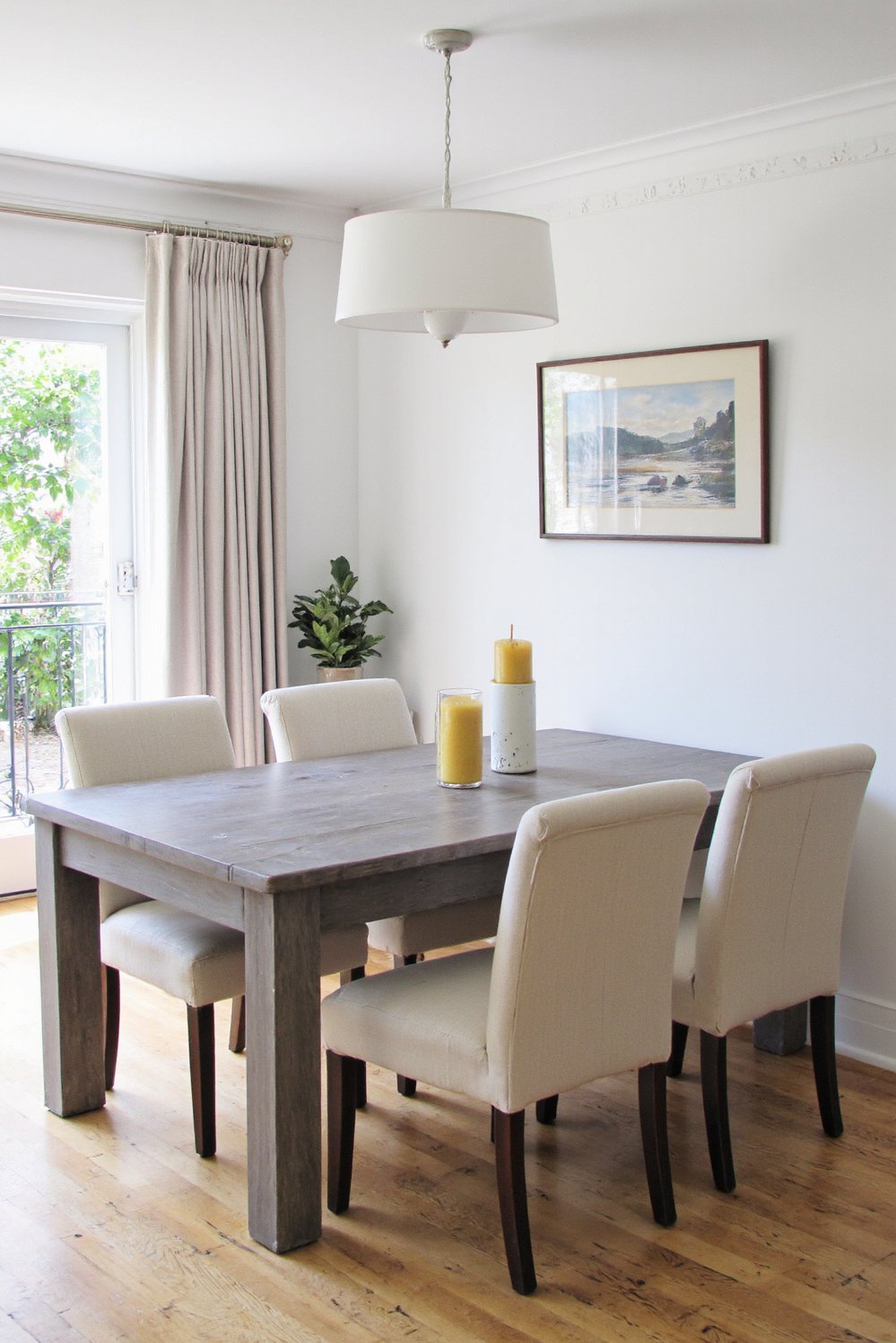 Neutral upholstered dining chairs - Neutral Dining Chairs: Modern Style & Gray Table - Neutral dining chairs: four oatmeal linen beauties surrounding...