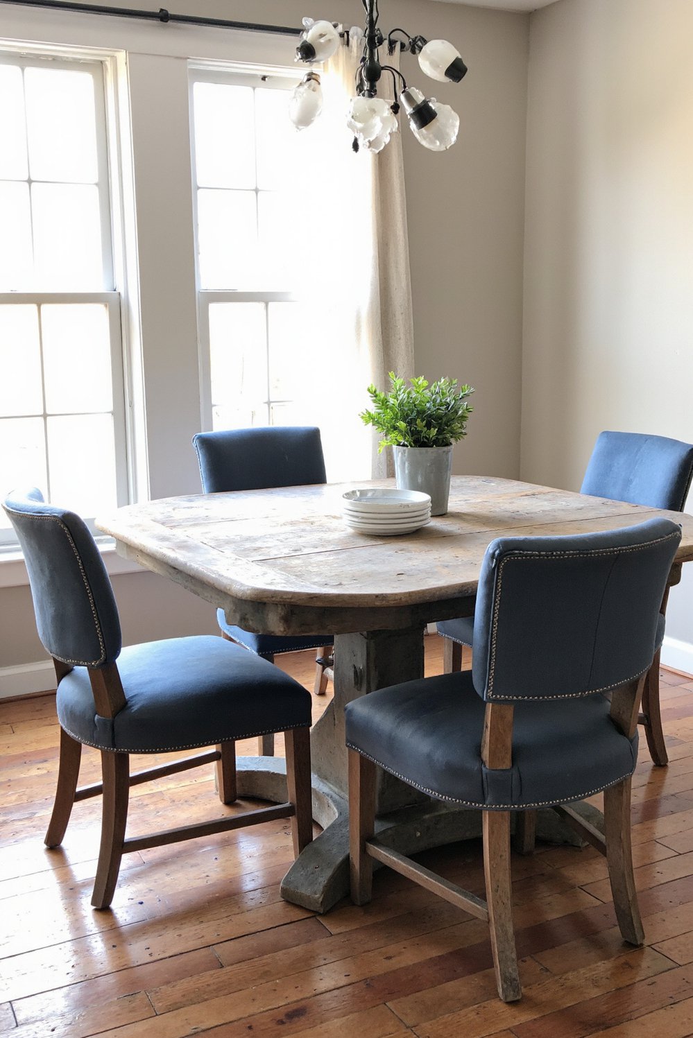 Neutral upholstered dining chairs - Cool Blue-Gray Dining Chairs: Industrial Kitchen Style - Gray kitchen dining set. Four blue-gray upholstered chairs...