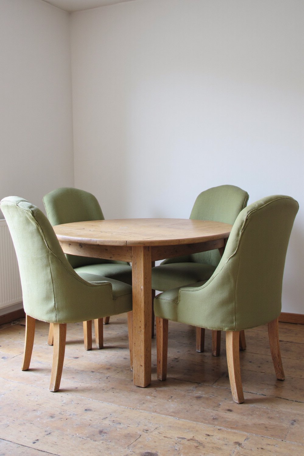 Neutral upholstered dining chairs - Sage Green Dining Chairs: Relaxed Style, Light Oak Table - Sage green dining chairs: Four chairs with rounded...