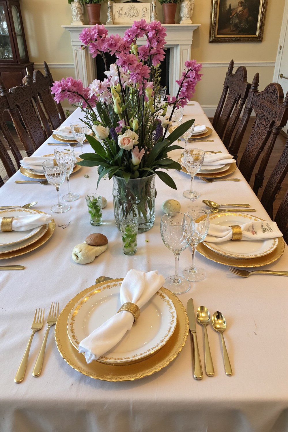 Spring Tablescapes ideas - Glamorous Easter Tablescape: Gold & Orchid Elegance - This glamorous Easter tablescape is perfect for a...