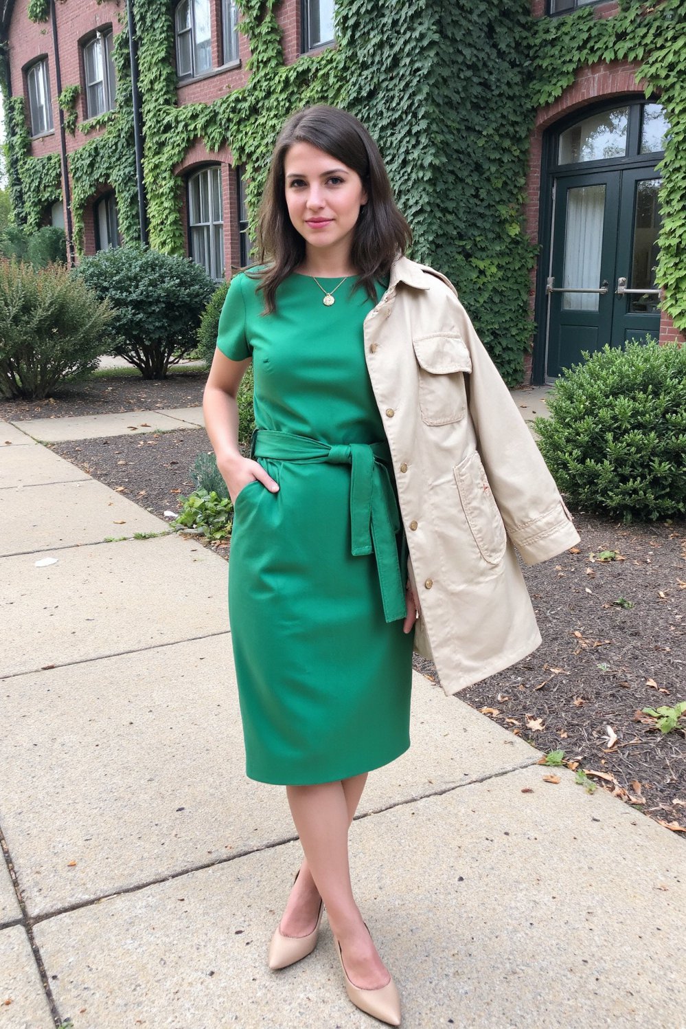 graduation outfit ideas - Emerald Green Graduation Dress & Trench Coat - Graduation outfit inspiration! This emerald green sheath dress...