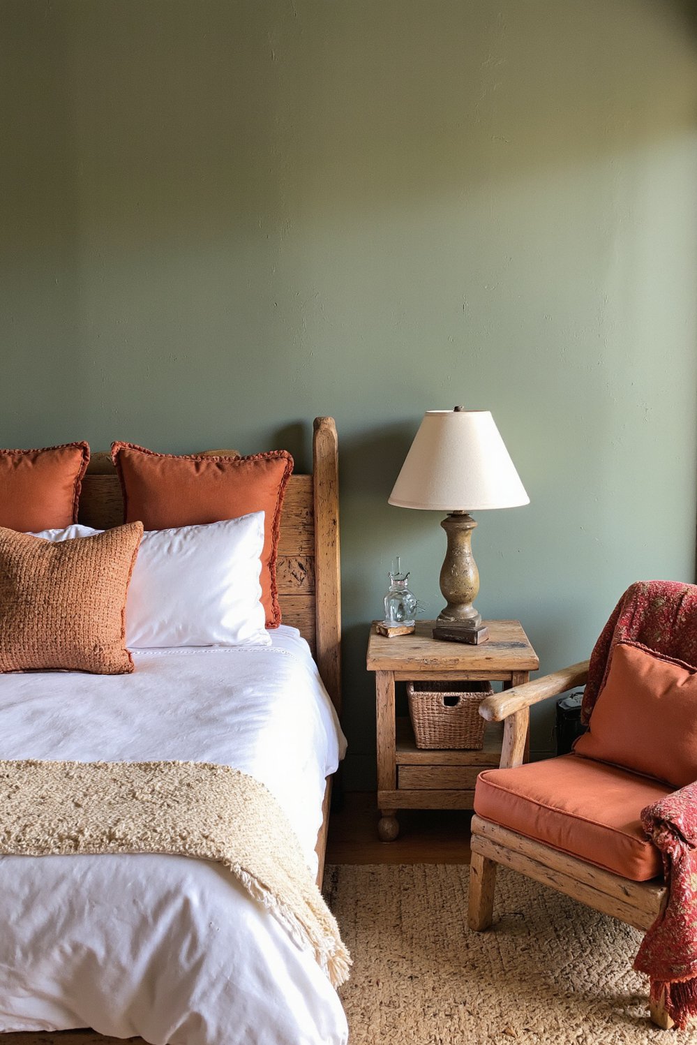 green bedroom ideas - Sage Green Bedroom: Southwestern Rustic Charm - Create a serene Southwestern-inspired bedroom. Muted sage green...