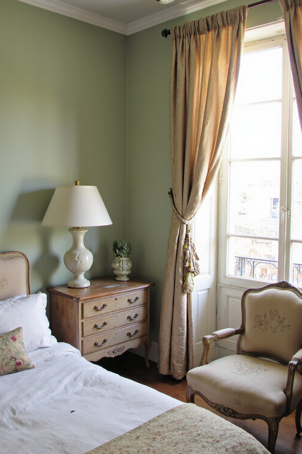 green bedroom ideas - Sage Green Parisian Bedroom: Romantic & Elegant - Create a serene Parisian bedroom retreat. Soft sage...