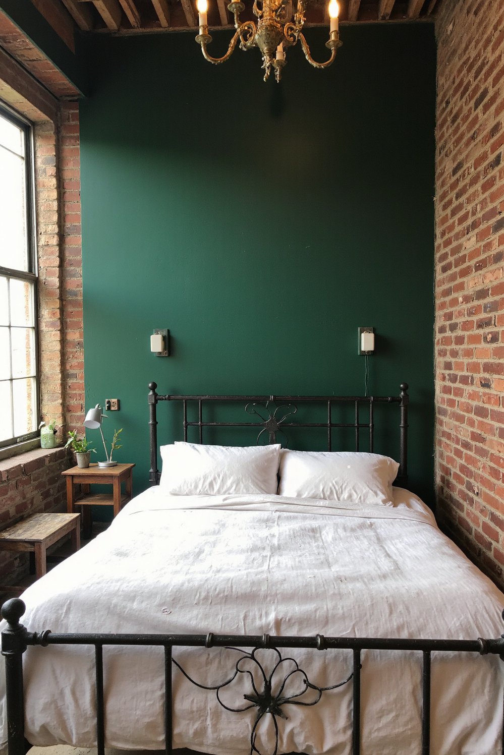 green bedroom ideas - Industrial-Chic Green Bedroom: Exposed Brick & Metal - This industrial-chic green bedroom is my dream space....