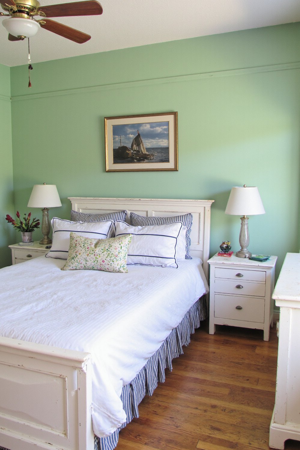 green bedroom ideas - Seafoam Green Nautical Bedroom: Coastal Style & Calm - This seafoam green bedroom is pure coastal calm....