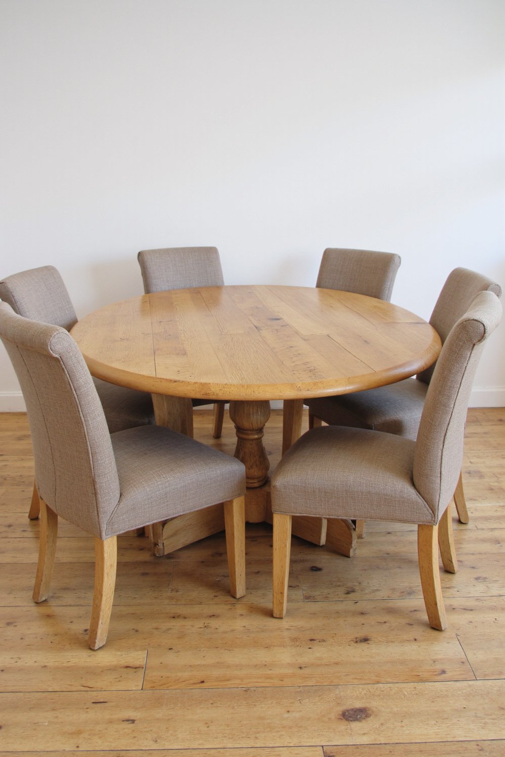 Neutral upholstered dining chairs - Taupe Linen Dining Chairs: Classic Style & Design - Taupe dining chairs: Six taupe linen chairs surround...