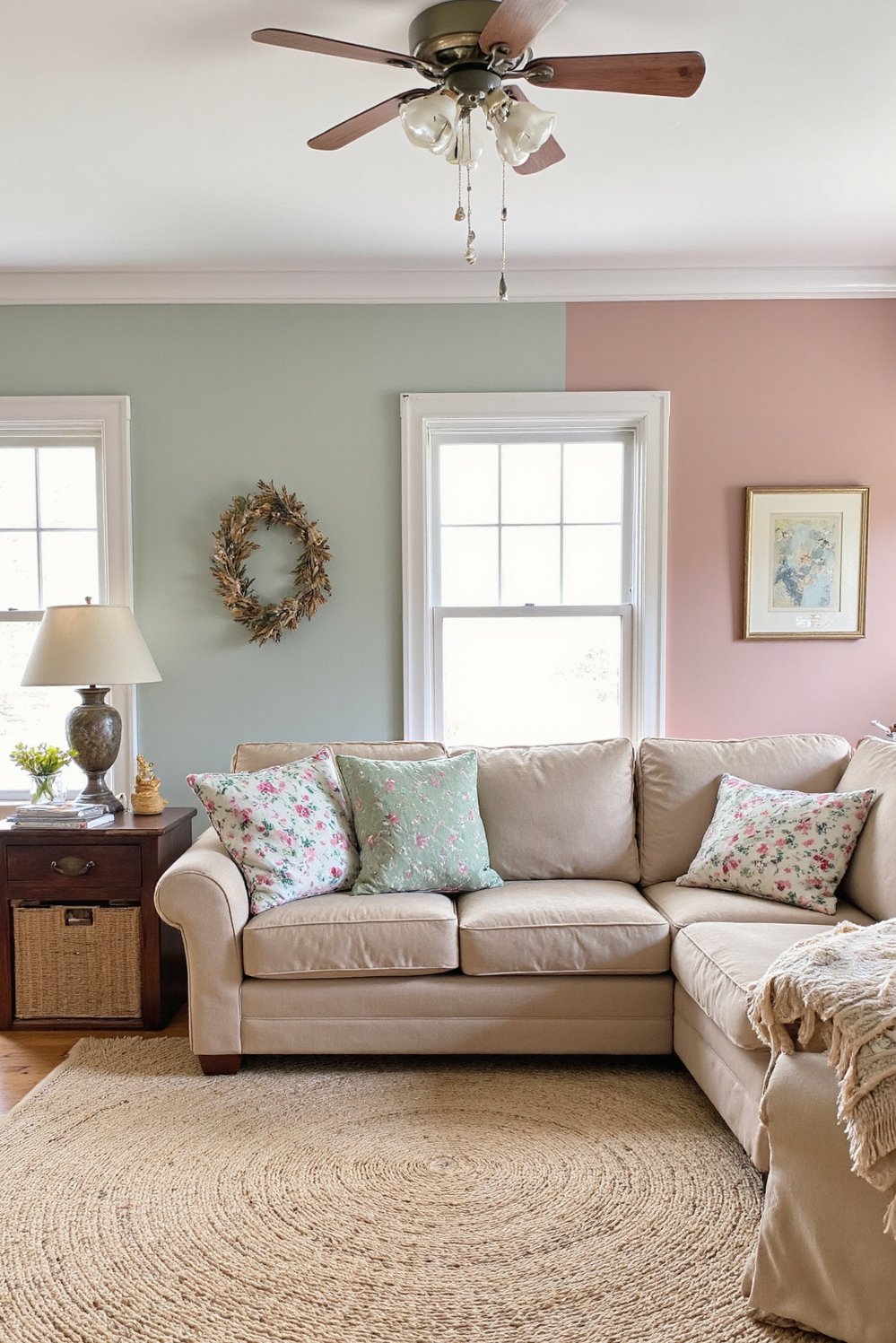 Modern Farmhouse Color Palette - Calming Farmhouse Living Room: Dusty Rose & Grey-Green - This living room is my dream space! Soft,...