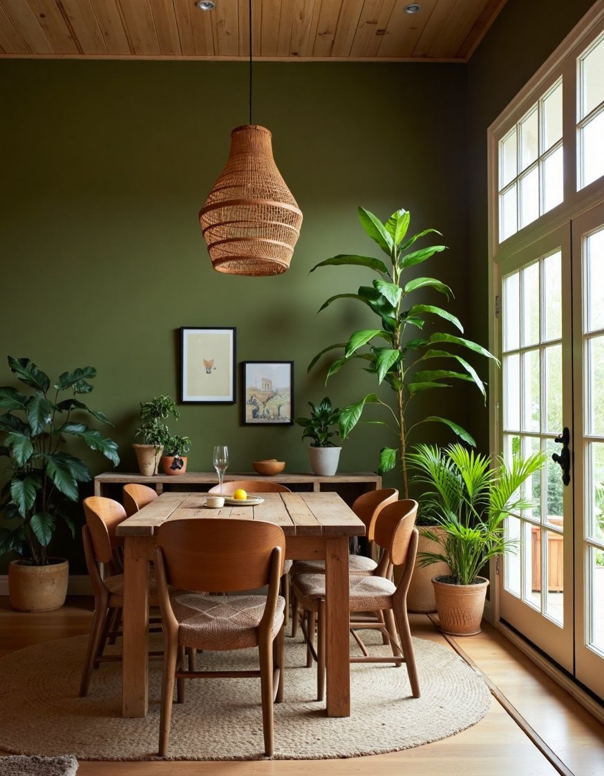 Earth tone dinig room decor - Warm Dining Room with Olive Green Accent Wall - Modern earth tone dining room: An olive green...
