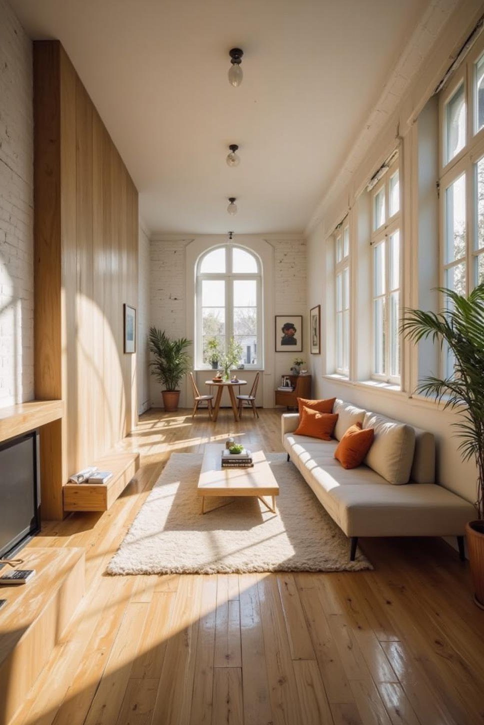 Bright Long Narrow Living Room with Minimalist Layout