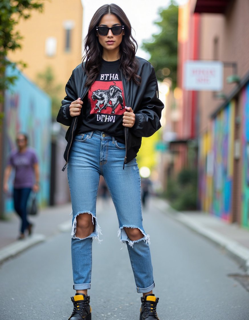Casual outfit ideas - Street Style: Edgy Graphic Tee & Ripped Jeans - Edgy street style outfit. Ripped jeans, a graphic...