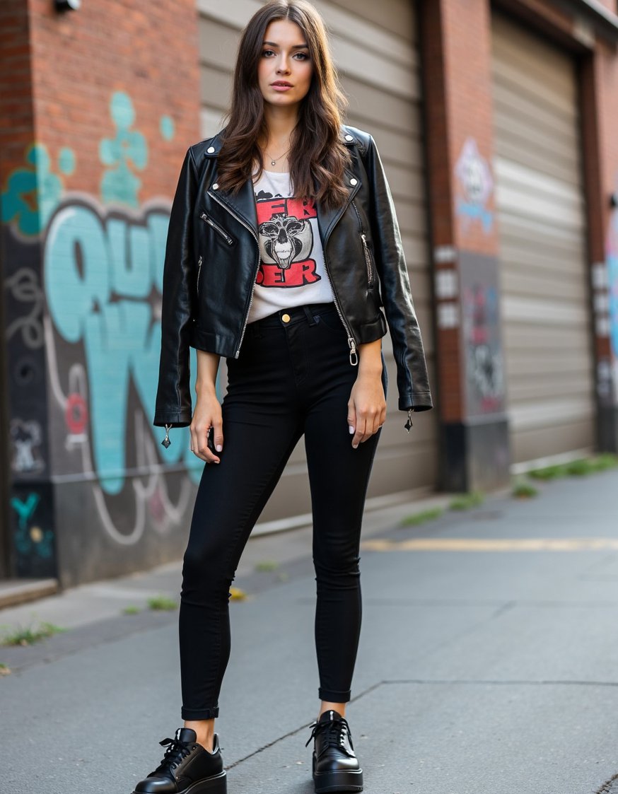 Casual outfit ideas - Street Style: Trendy Casual Outfits with Black Leather Jacket - Rock a trendy street style look! This outfit's...