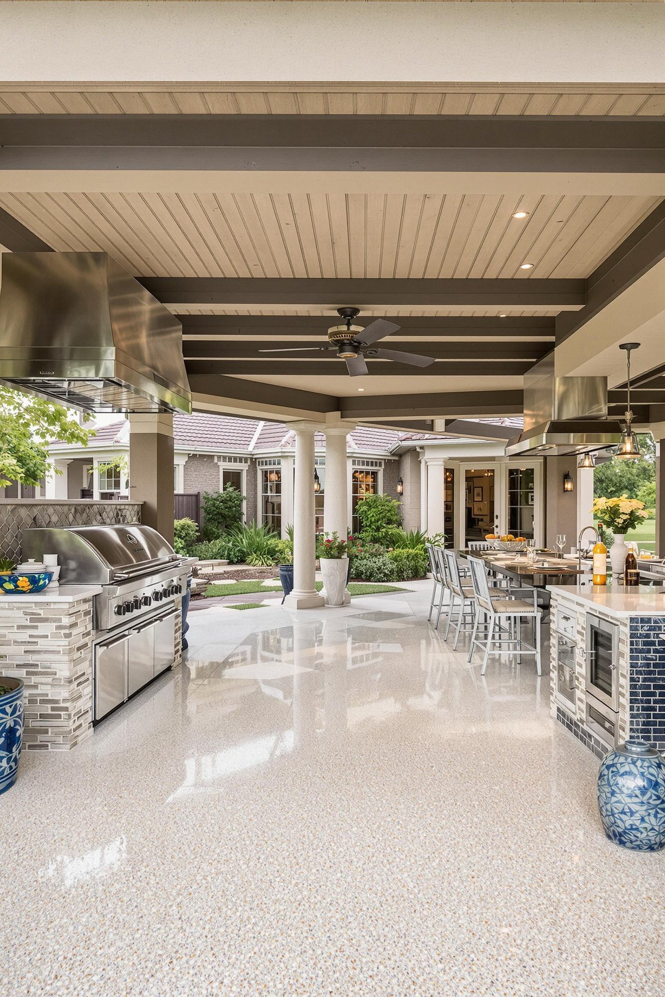 Outdoor entertaining area - Luxury Outdoor Kitchen & Dining Patio Design - This luxurious backyard boasts a sprawling outdoor kitchen...