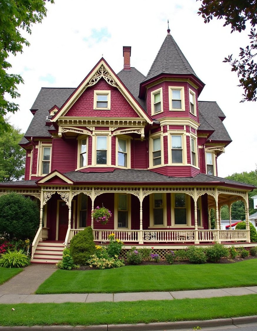 Victorian homes exterior - Burgundy & Cream Victorian Home Exterior in Massachusetts - This Massachusetts Victorian home boasts curb appeal. Its...