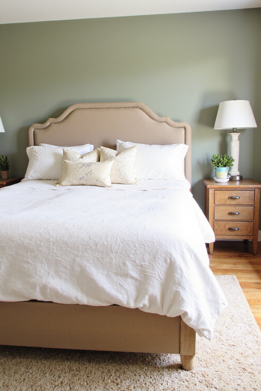Modern Farmhouse Color Palette - Muted Sage Green Farmhouse Bedroom Retreat - Calming modern farmhouse bedroom. Soft sage green walls,...