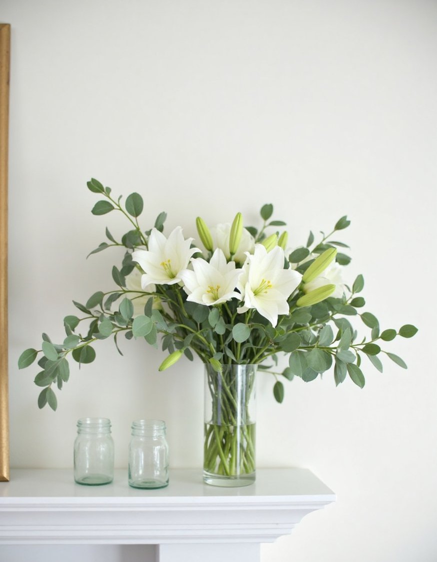 Spring mantel decor ideas - Elegant White Lily Spring Mantel Decor - Simple spring mantel decor doesn't get much more...