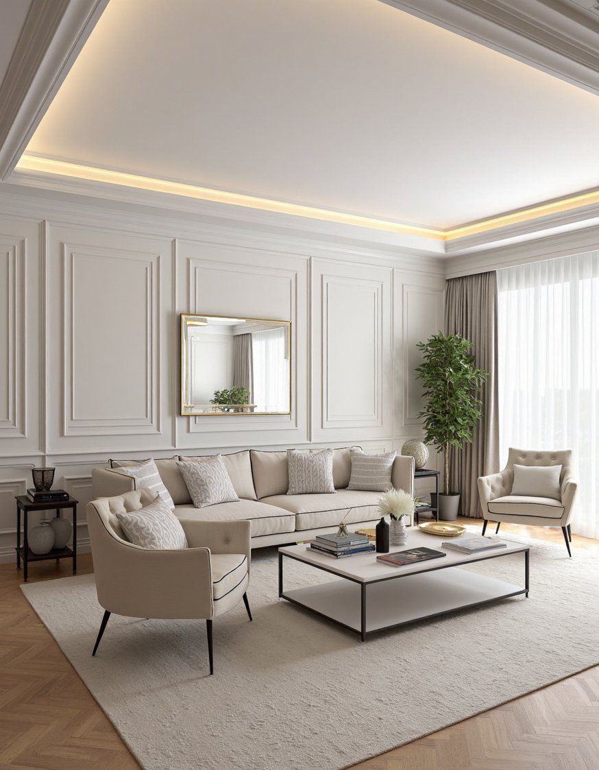 Neoclassical Interior Living Rooms - Modern Classic Living Room: Neutral & Metallic - Modern Neoclassical living room: Neutral colors and metallic...