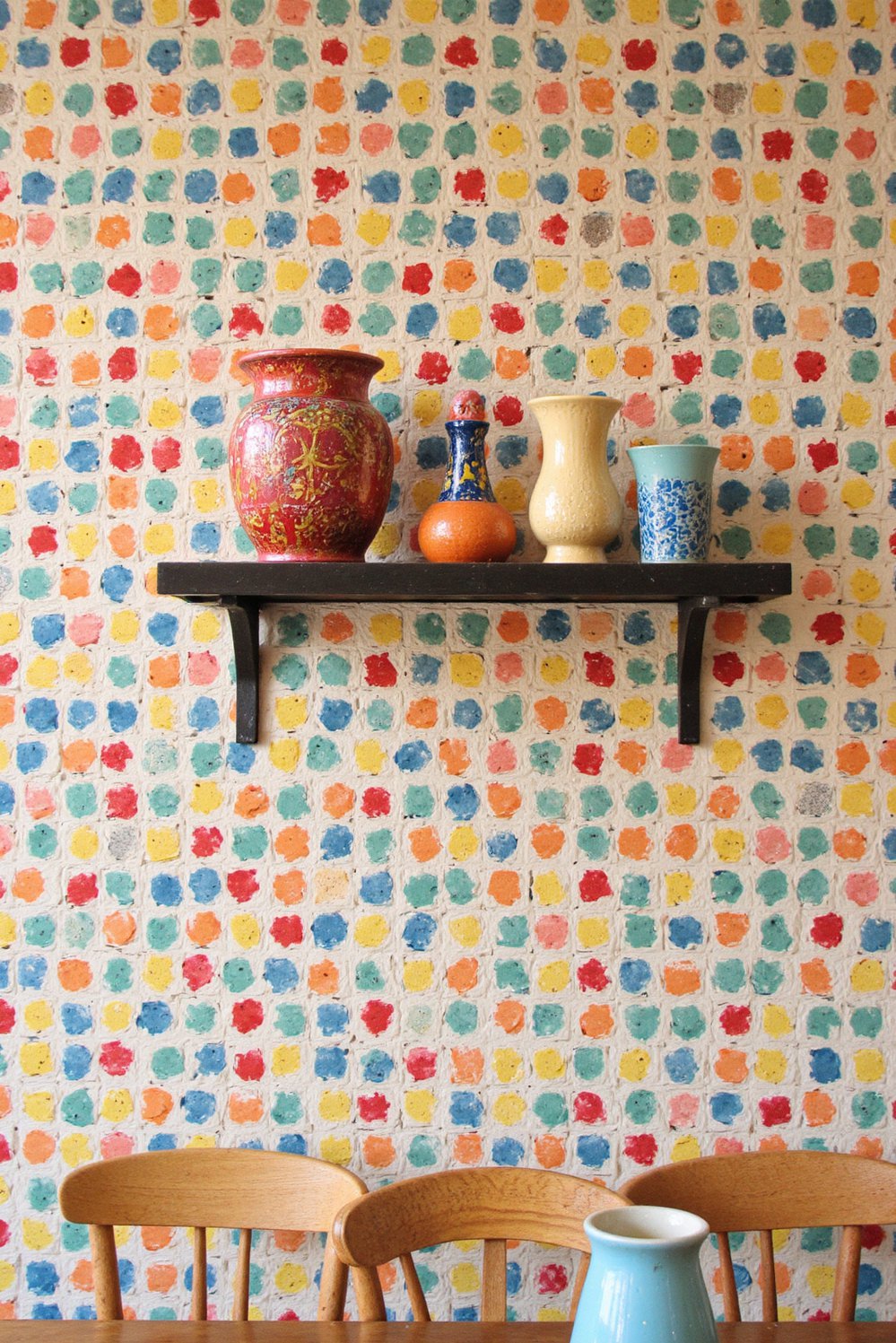 dining room wall decor - Mid-Century Modern Dining Room Accent Wall Decor - Geometric wallpaper is the perfect backdrop for a...