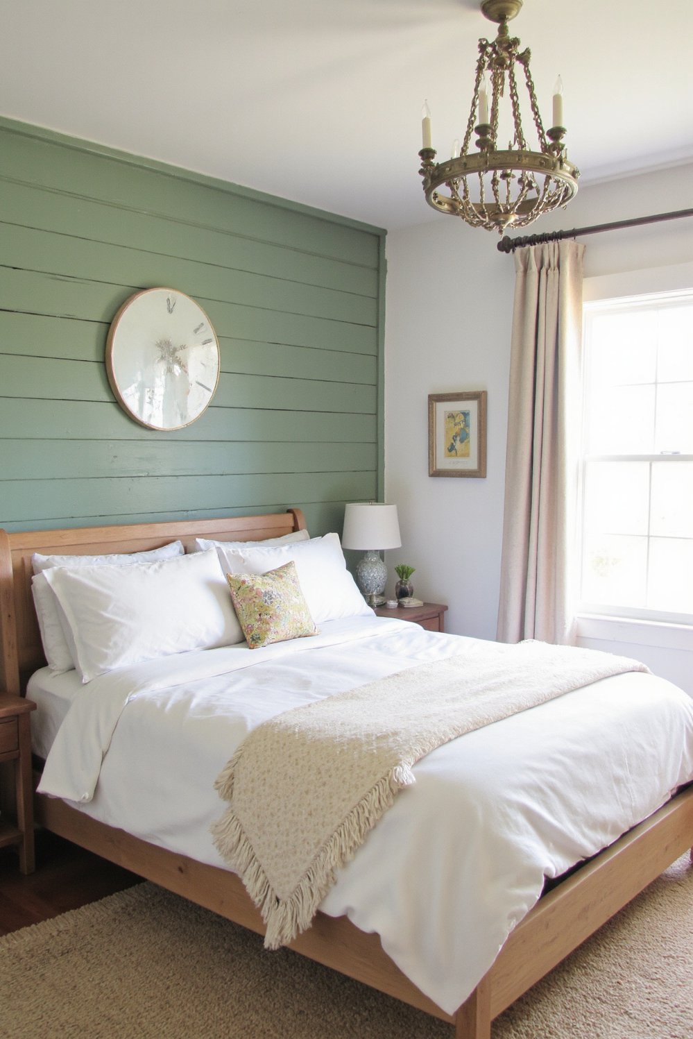 green bedroom ideas - Sage Green Farmhouse Bedroom: White & Wood Accents - This modern farmhouse bedroom is painted a calming...