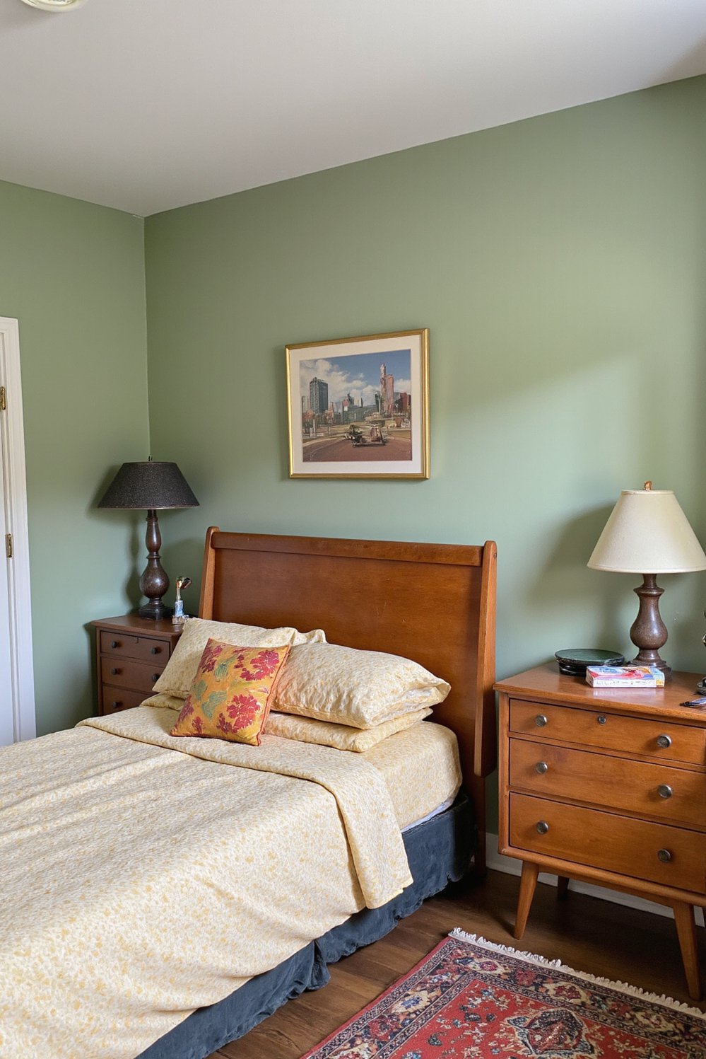 green bedroom ideas - Mid-Century Modern Green Bedroom: Sage & Wood Tones - Mid-century modern bedroom? Yes, please! This room features...
