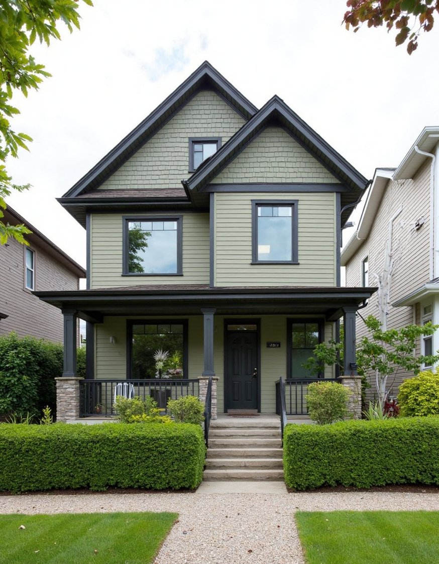 Victorian homes exterior - Muted Sage Green Modern Victorian Home Exterior - This modern Victorian home boasts a muted sage...