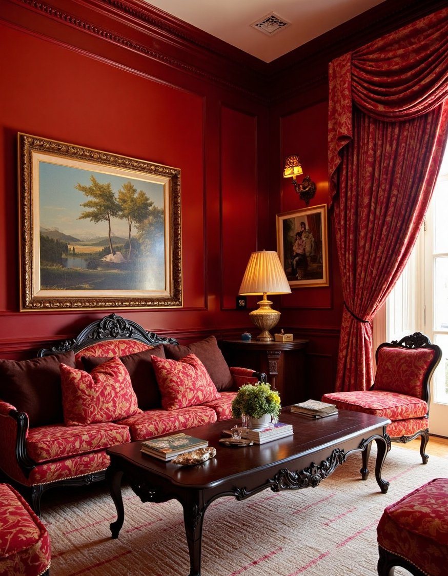 Neoclassical Interior Living Rooms - Opulent Crimson Neoclassical Living Room Design - Neoclassical living room design: Crimson walls, gold accents,...