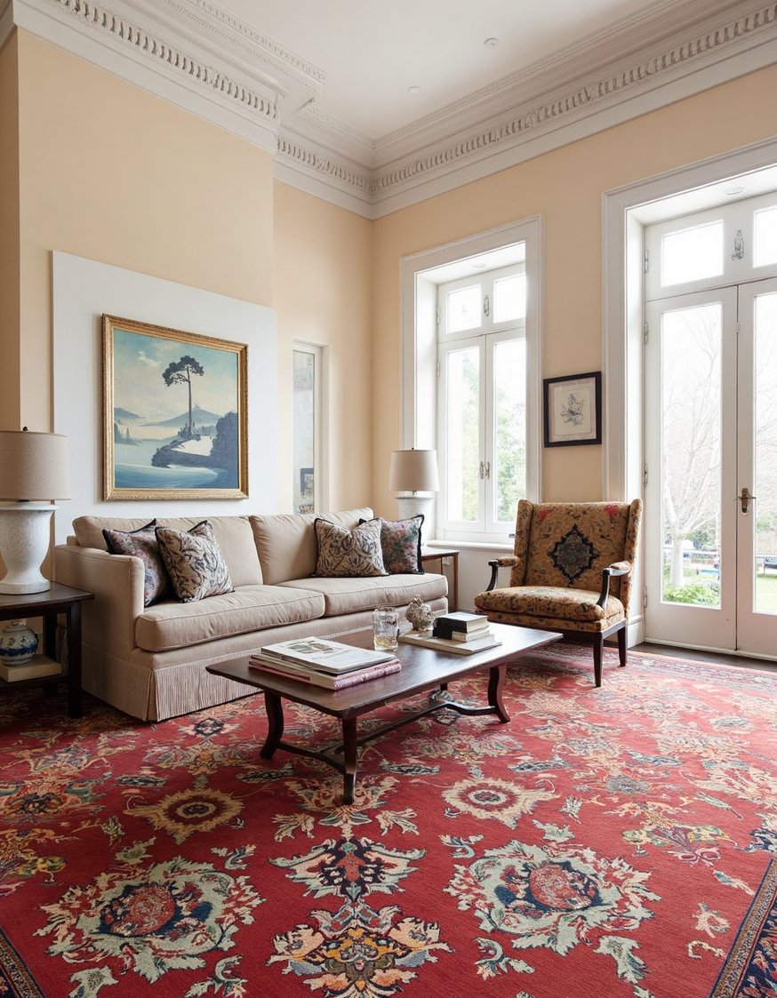 Neoclassical Interior Living Rooms - Vibrant Rug in a Neoclassical Living Room - Neoclassical living room with a statement rug. The...