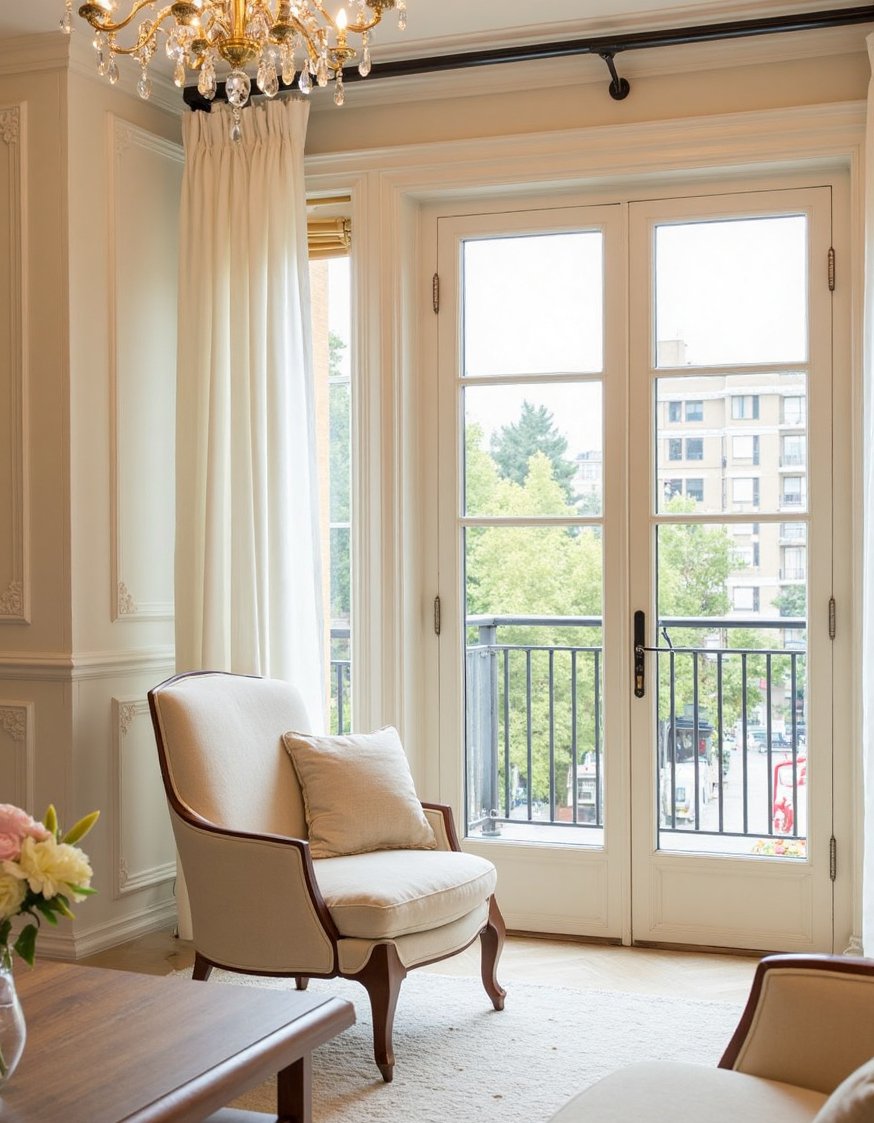 Neoclassical Interior Living Rooms - Airya Neoclassical Living Room with French Doors - Light and airy neoclassical living room. Pastel walls...
