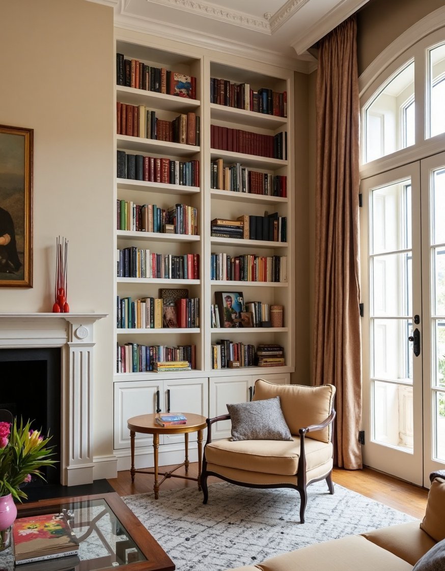 Neoclassical Interior Living Rooms - Neoclassical Living Room: Books & Built-in Shelves - Neoclassical living room design: elegance and sophistication. Notice...