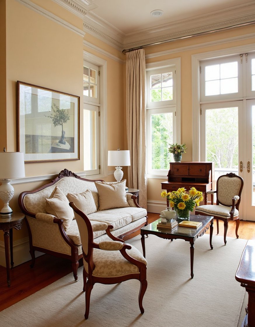 Neoclassical Interior Living Rooms - Elegant Neoclassical Living Room with Antique Furniture - Elegant neoclassical living room featuring antique furniture. A...