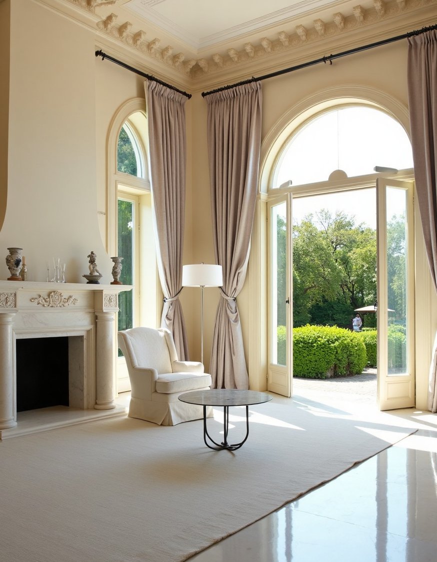 Neoclassical Interior Living Rooms - Sun-Drenched Neoclassical Living Room with Marble Fireplace - Neoclassical living room design: sunlight streams through arched...