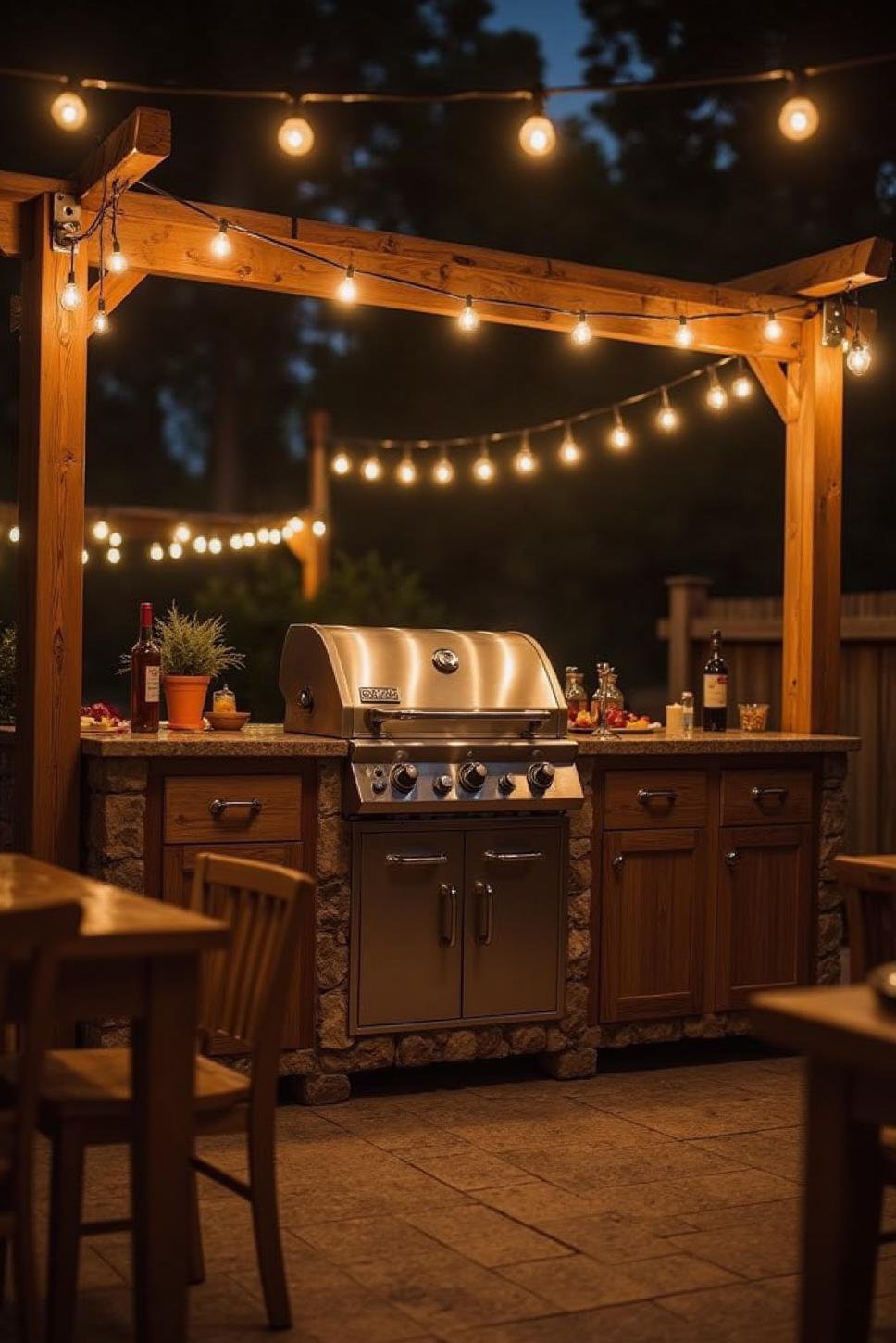 Cozy Outdoor Grill Station: Nighttime Ambiance