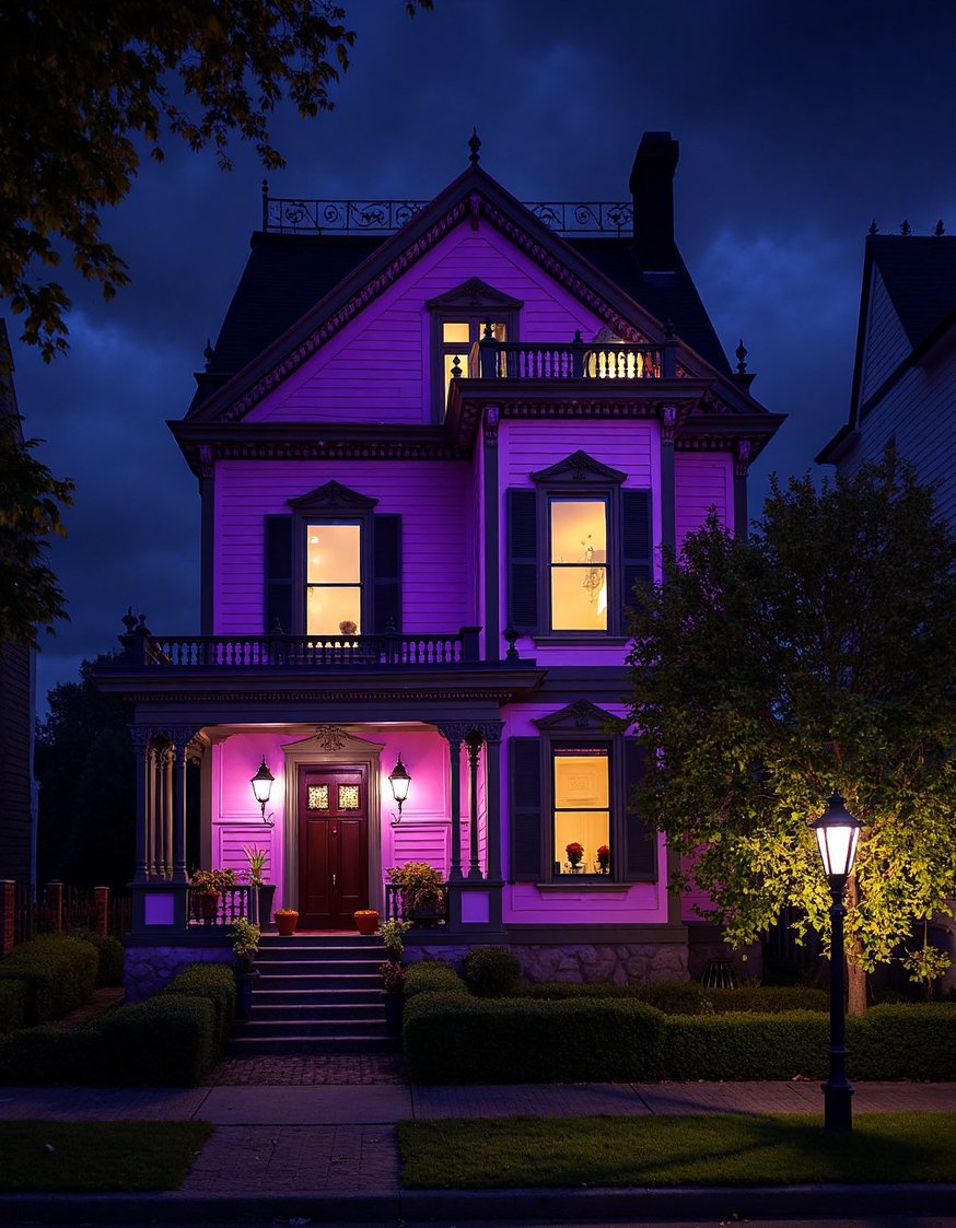 Victorian homes exterior - Mysterious Purple Victorian Home Exterior at Night - Victorian home exterior at night. The deep purple...