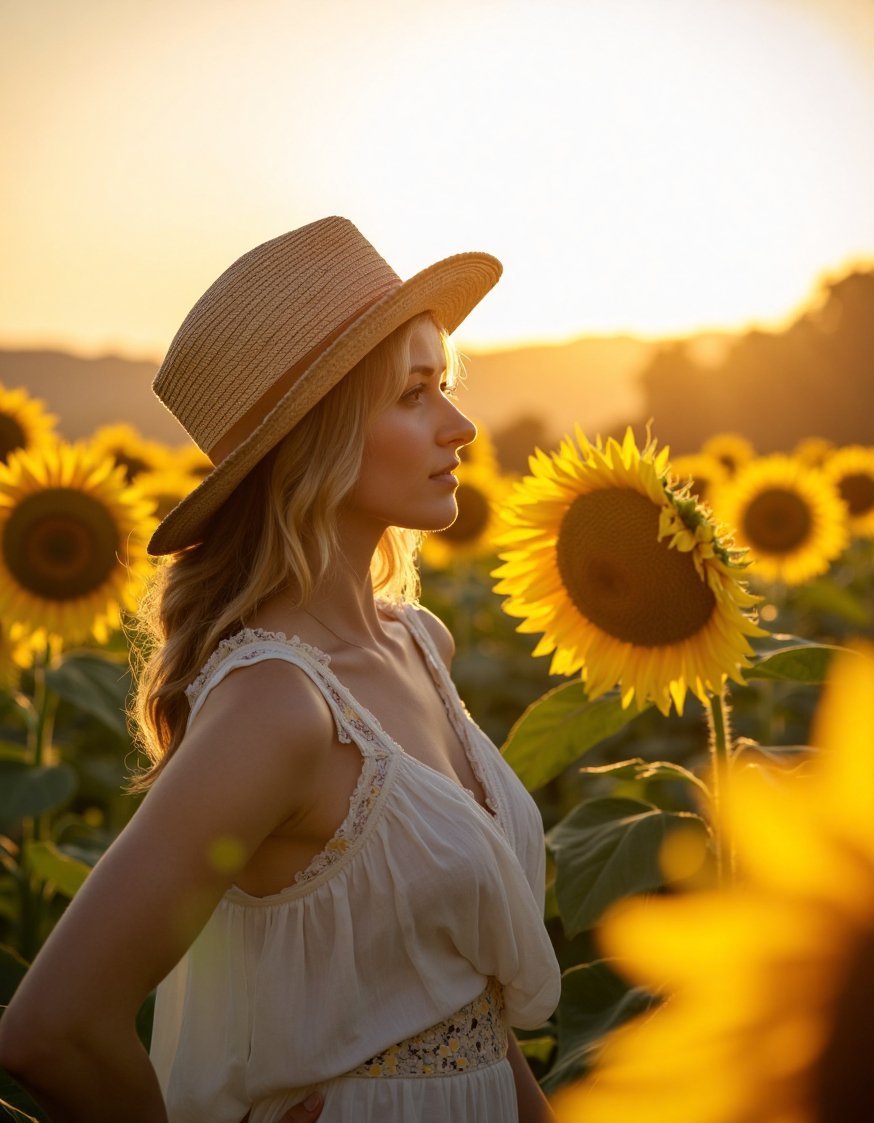 Flower Field Photography Ideas - Sunflower Field Photoshoot: Woman in Straw Hat - Sunflower photoshoot ideas! This image shows a woman...