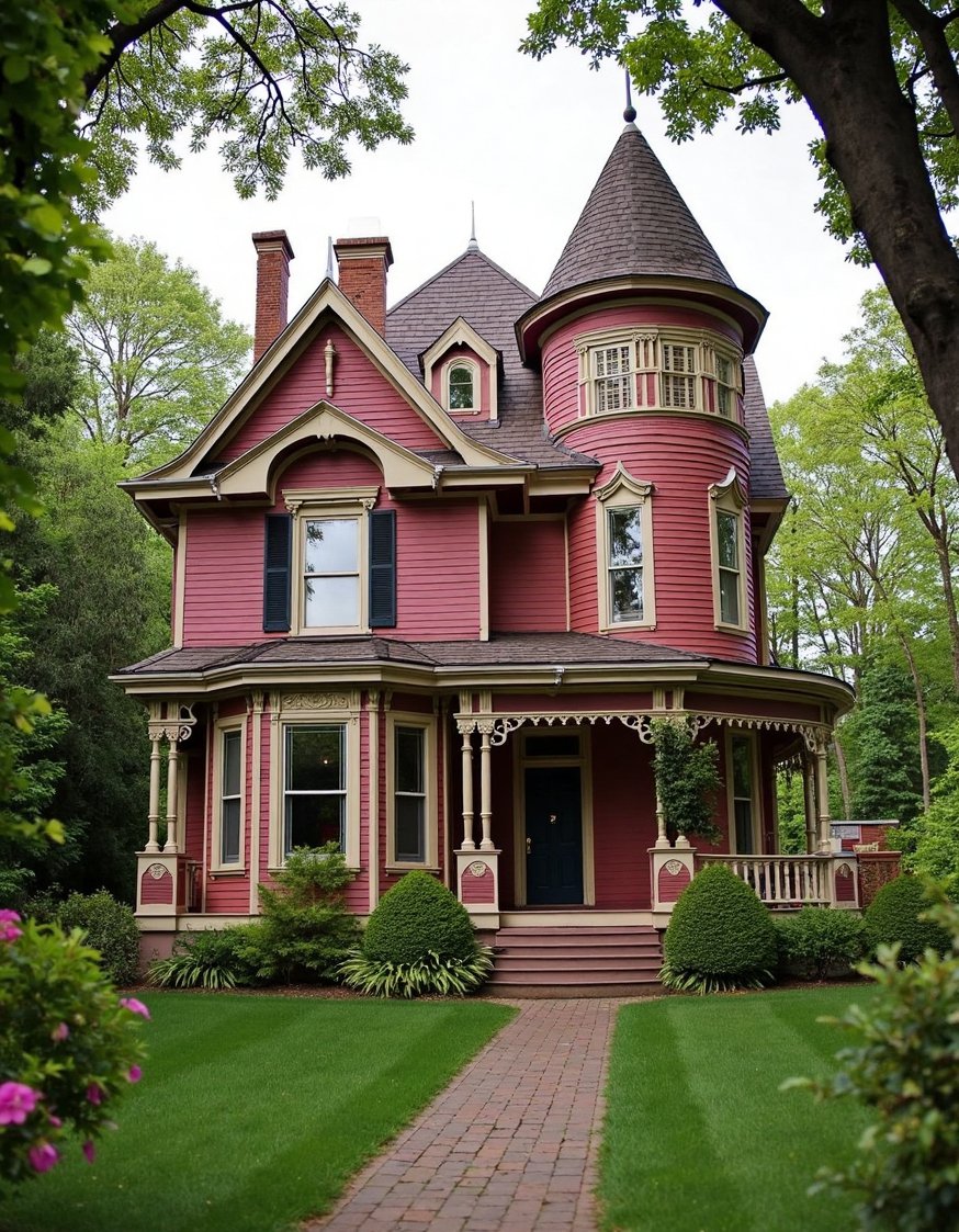 Victorian homes exterior - Dusky Rose Victorian Home Exterior: Peaceful Setting - This dusky rose Victorian home is nestled among...