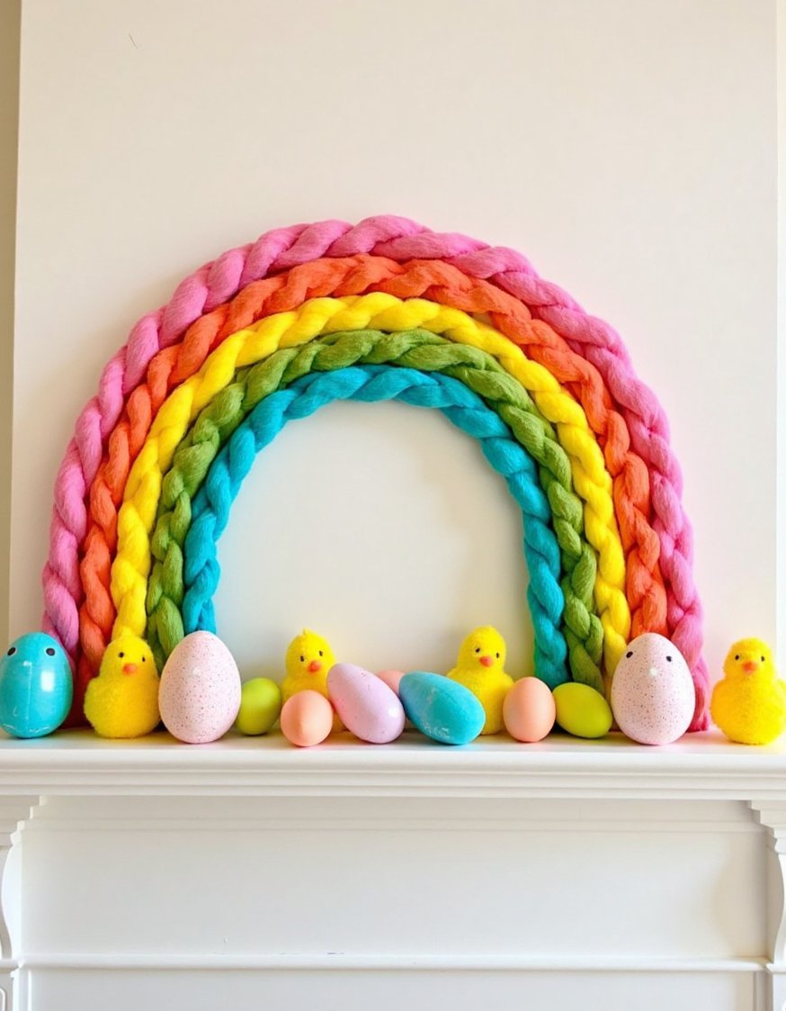 Spring mantel decor ideas - Rainbow Easter Mantel: Colorful Eggs & Chicks - Fun Easter mantel ideas: This playful mantel features...