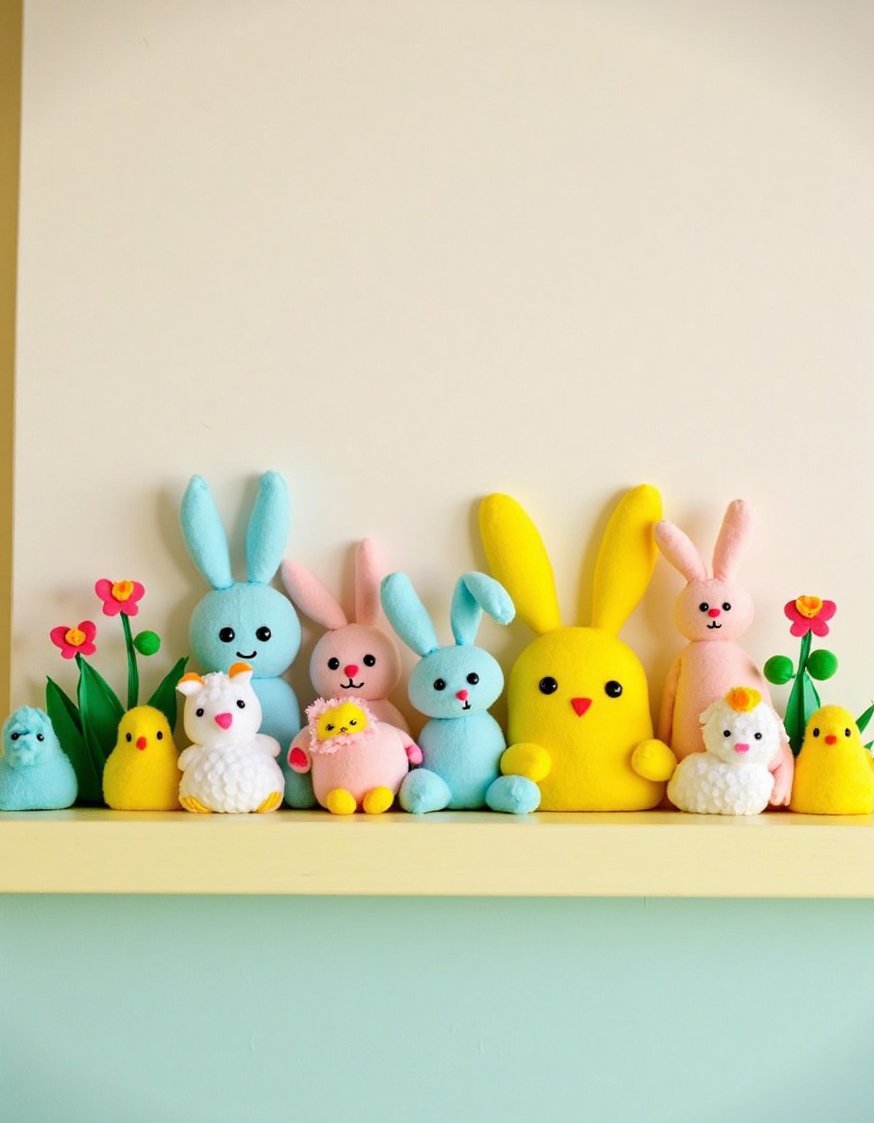 Spring mantel decor ideas - Pastel Spring Mantel Decor with Felt Animals - Spring mantel décor: pastel perfection! Brightly colored felt...