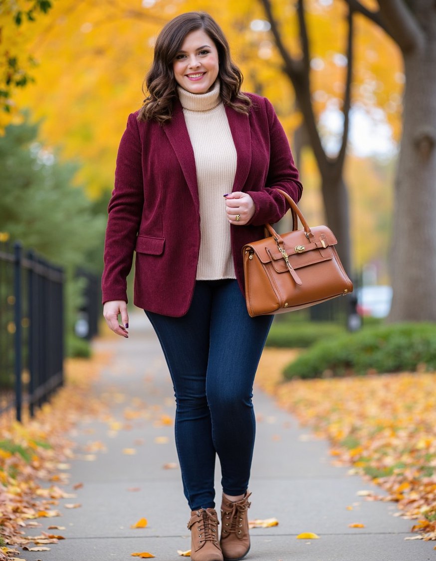 Casual outfit ideas - Plus Size Fall Outfit: Corduroy Blazer & Boots - Cozy fall outfit for plus size featuring a...