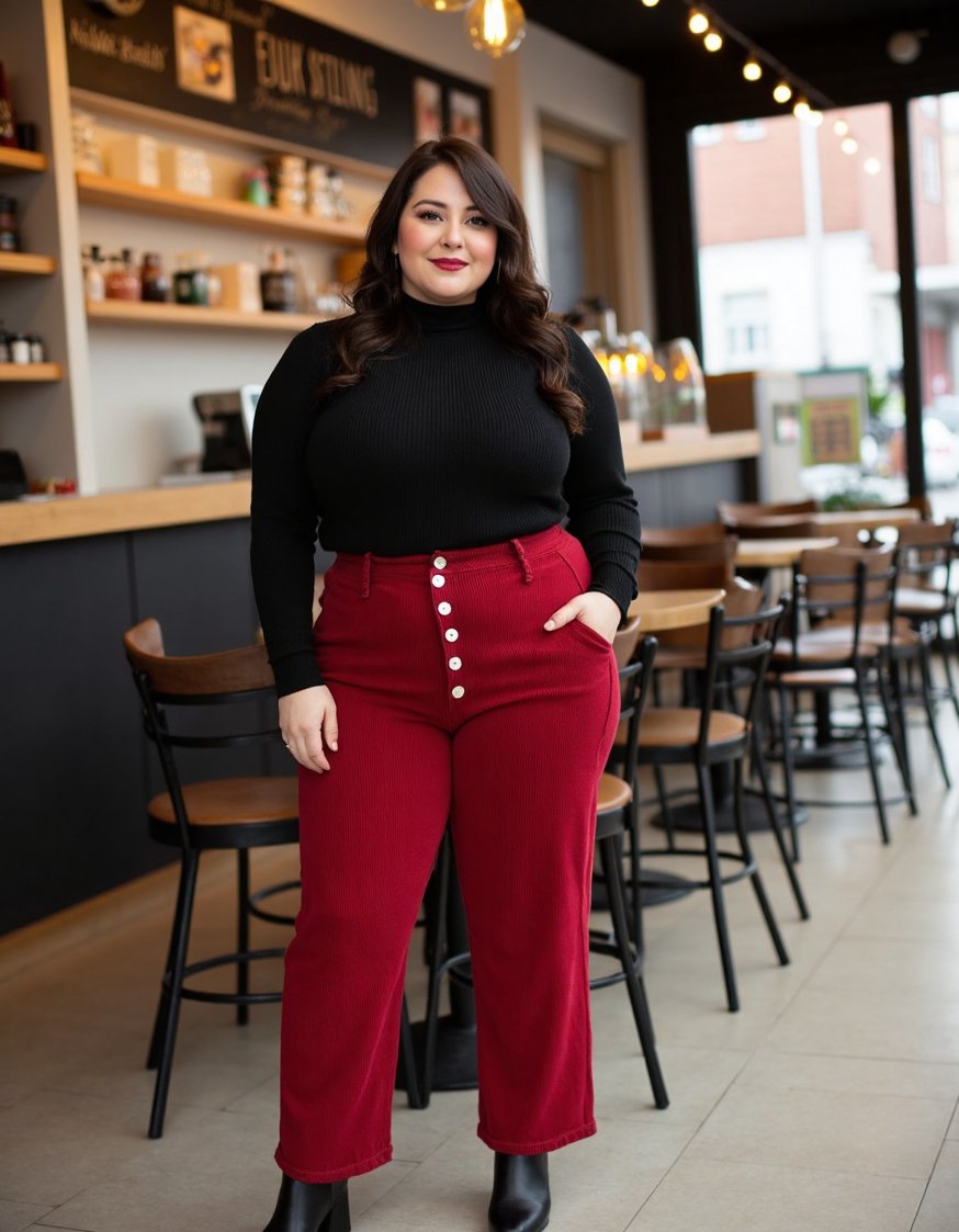 Casual outfit ideas - Plus Size Fall Look: Red Corduroy & Turtleneck - Stylish plus-size fall outfits are easy to create!...