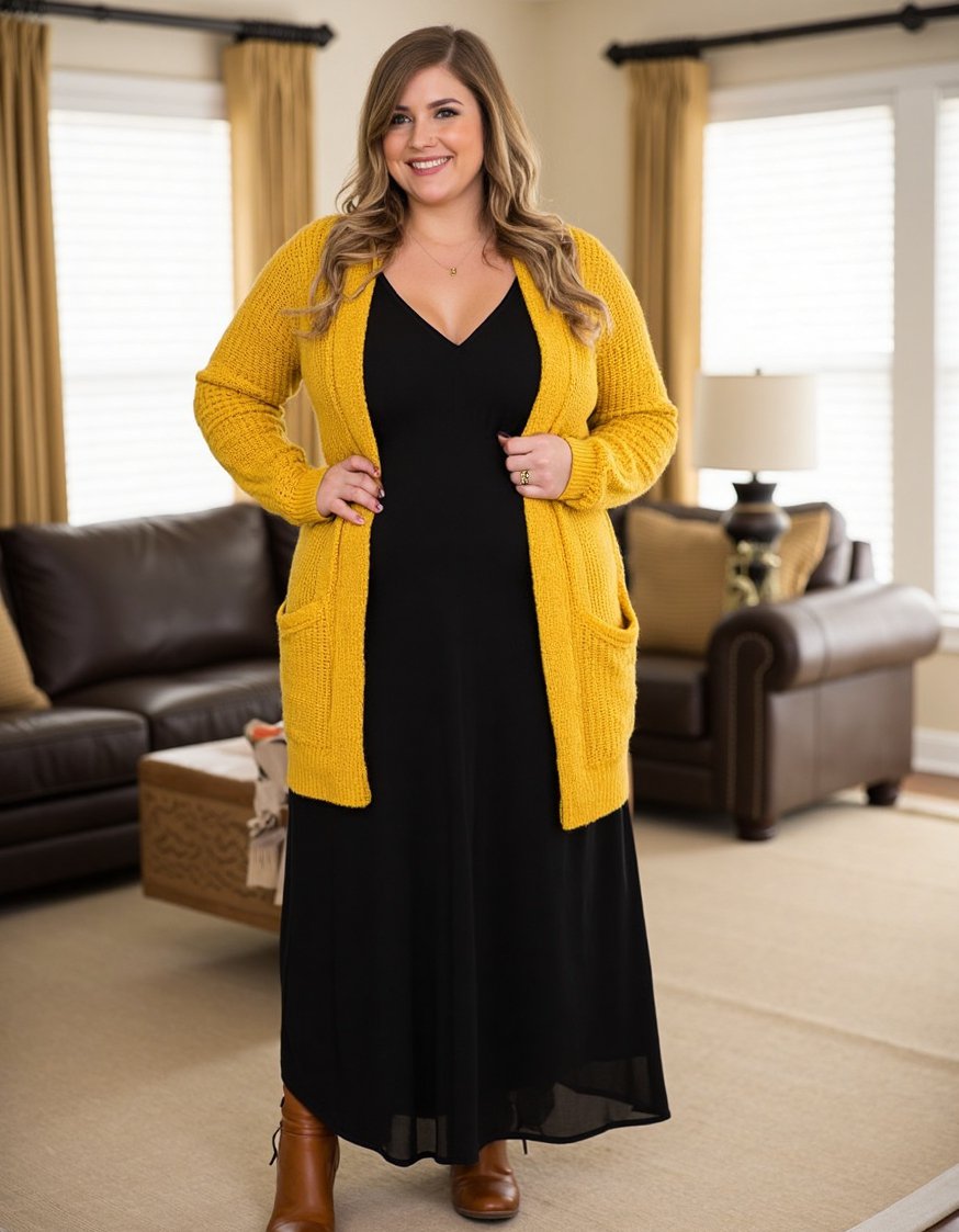 Casual outfit ideas - Plus Size Fall Outfit: Cozy Knit Cardigan & Maxi Dress - Cozy plus-size fall outfit! A mustard yellow cardigan,...